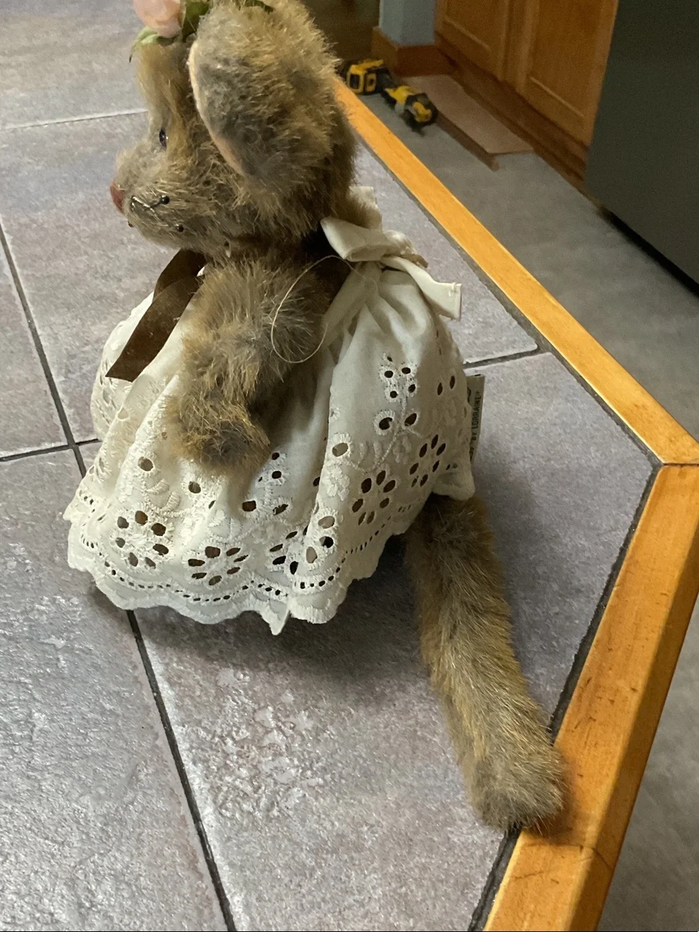 Plush Brown Mouse Toy with Cream Eyelet Dress and Rose Accent 1996